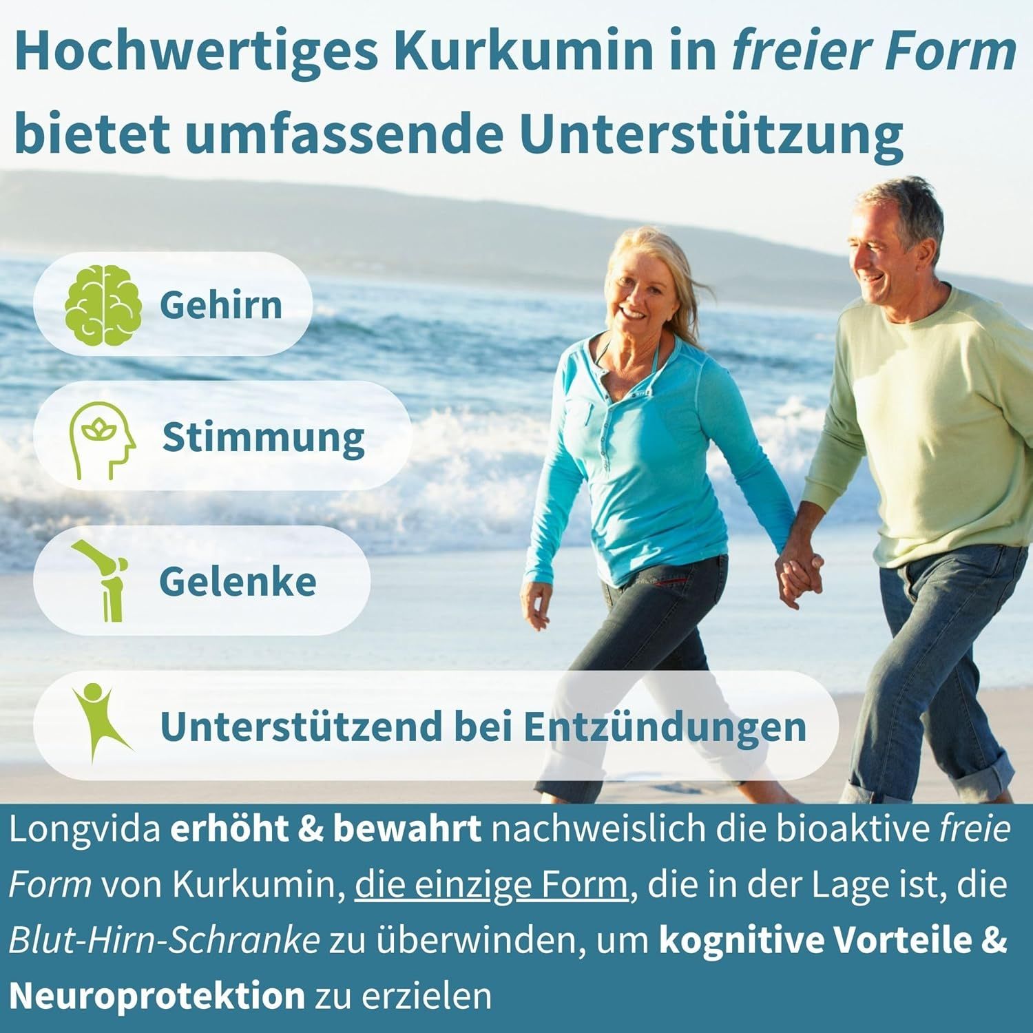Ouder echtpaar loopt op strand, ondersteund door iconen voor brein, stemming en gewrichten.