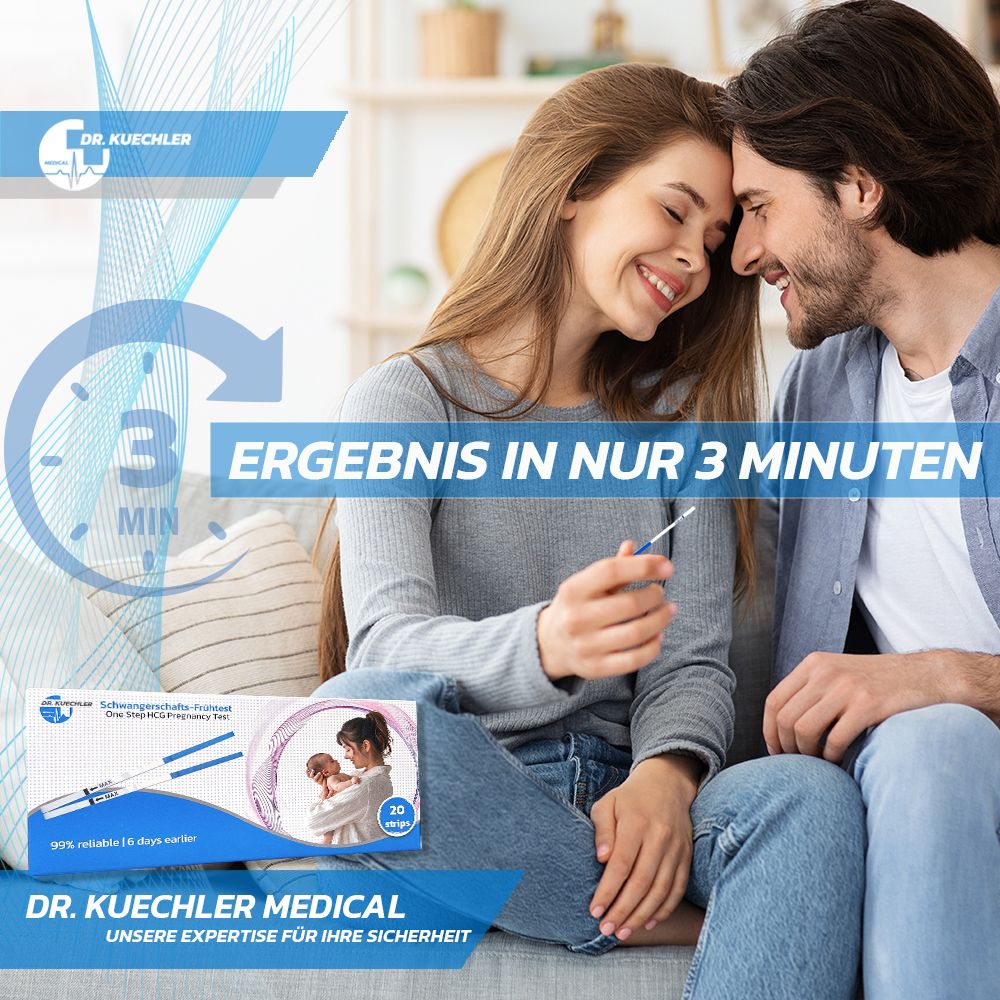 Couple heureux tenant un test de grossesse. "Résultat en seulement 3 minutes".