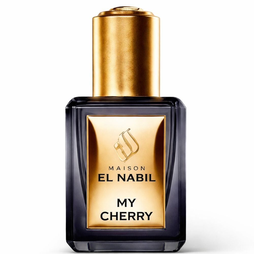 Flacon de parfum foncé avec bouchon et étiquette dorés. Inscription : El Nabil, My Cherry.