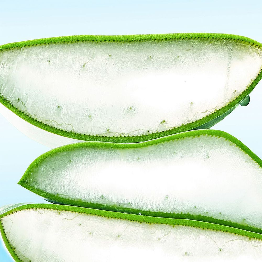 Drie stukken aloë vera-blad, groen en wit, met druppels.
