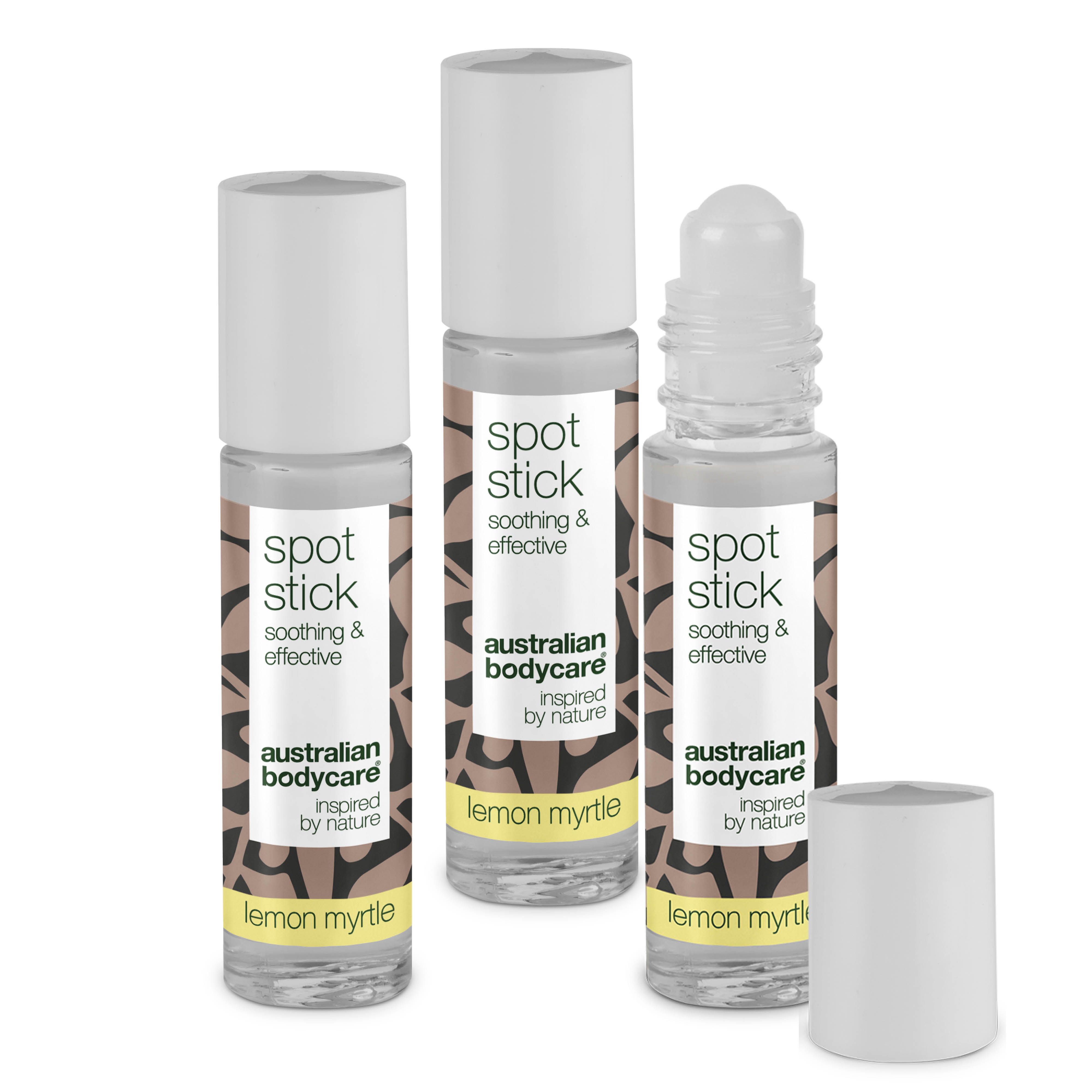 Drie flesjes met witte dop en etiket. Opschrift: Spot Stick, Australian Bodycare.