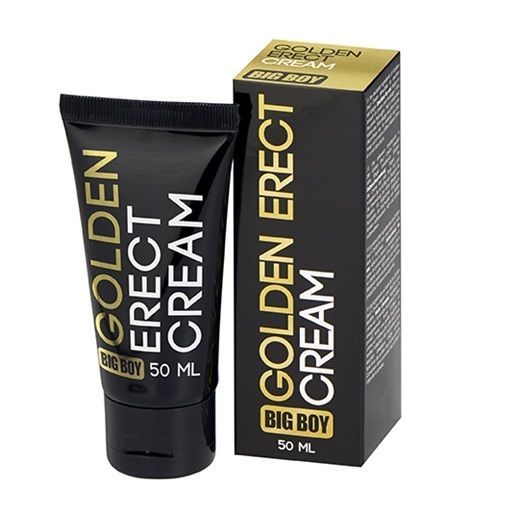 Tube et boîte noires avec texte doré "GOLDEN ERECT CREAM" et "BIG BOY". 50 ml.