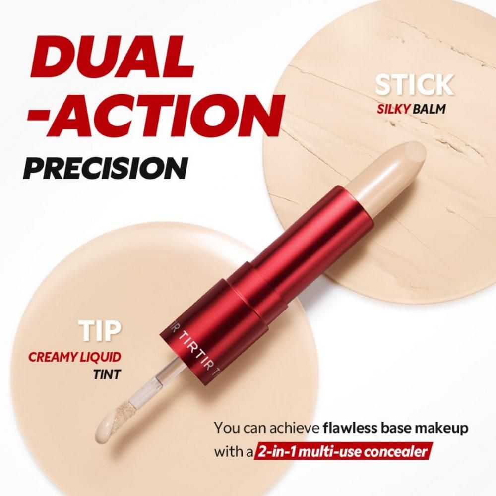 Correcteur double action. Récipient rouge avec deux extrémités : teinte liquide crémeuse et baume soyeux. Nom du produit : TIRTIR. Texte : Correcteur multi-usage 2-en-1.
