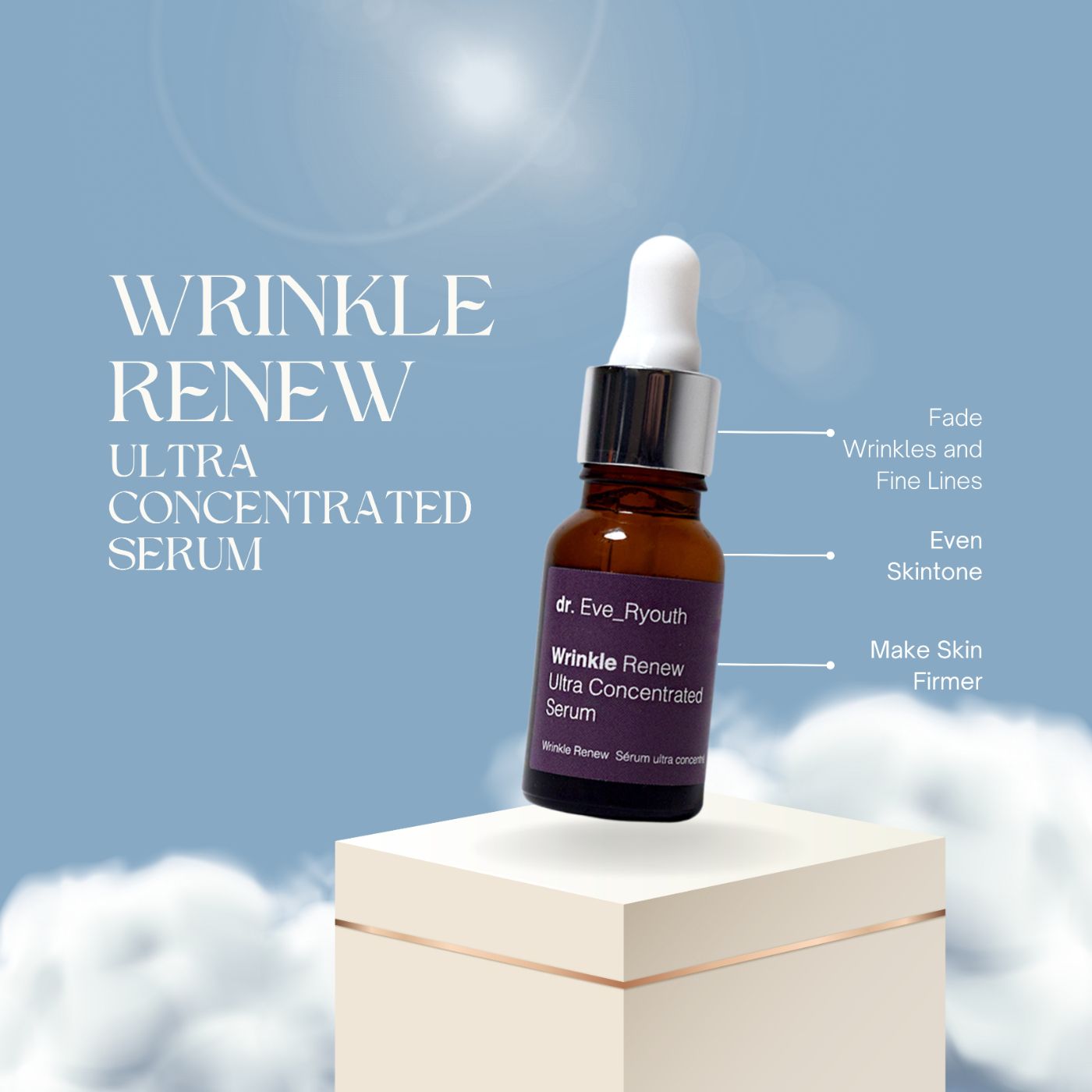 Fles Dr. Eve_Ryouth Wrinkle Renew Ultra Concentrated Serum zweeft voor een blauwe lucht met wolken. Tekst benadrukt voordelen.