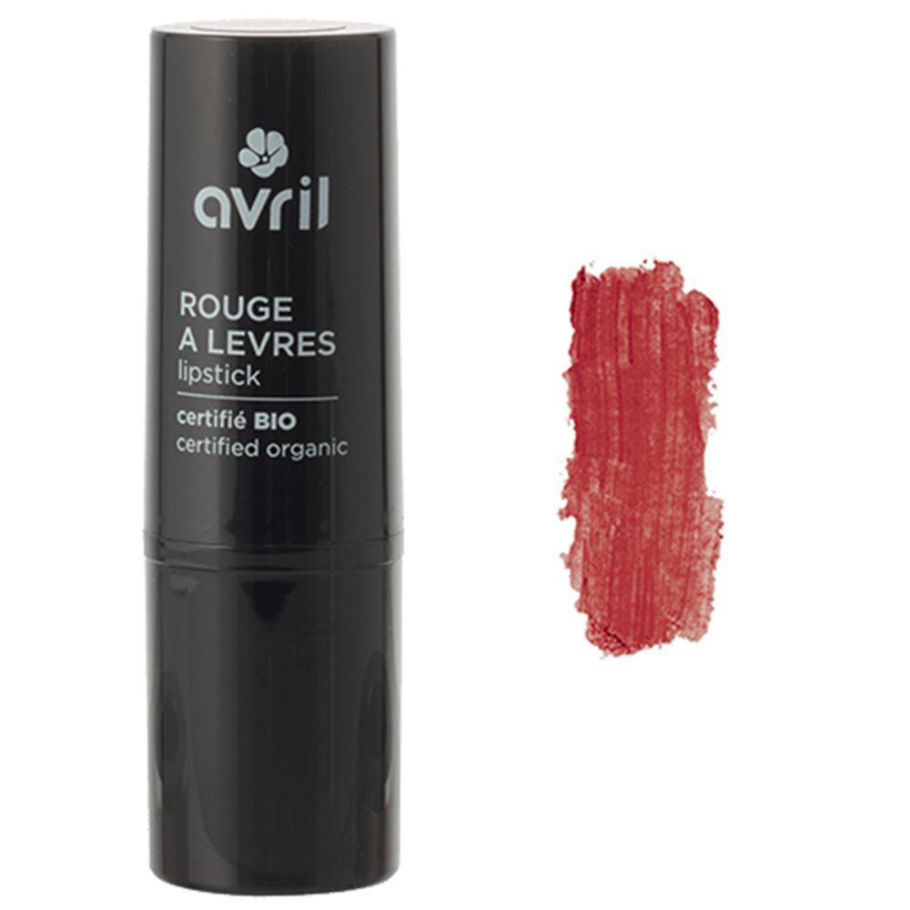 Tube de rouge à lèvres noir avec texte blanc. À côté, une trace de rouge à lèvres rouge. Inscription : Avril, Rouge à Lèvres, certifié BIO.