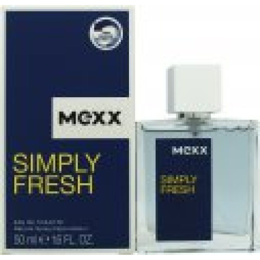 Mexx Simply Fresh Eau de Toilette Spray. Fles en verpakking. Blauw-witte verpakking met productnaam. Transparante fles met witte dop.