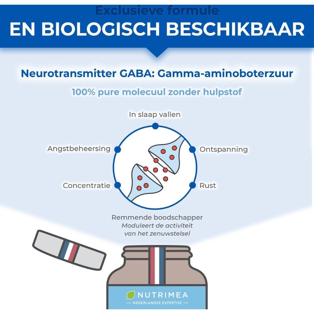 Instructies: 2 capsules per dag met water. Ingrediënten: GABA 750 mg. 60 capsules.