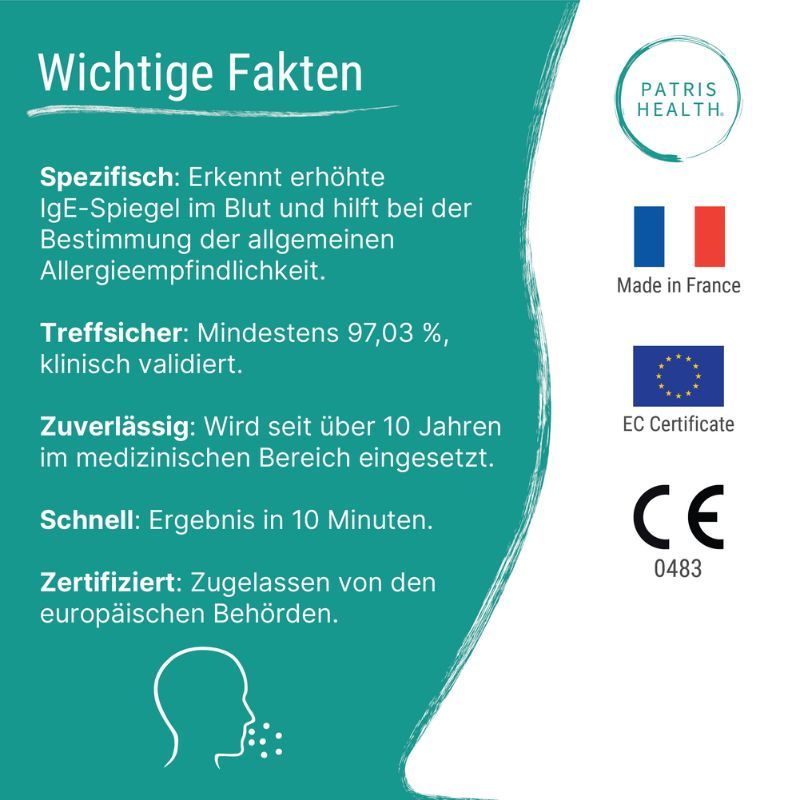 Faits importants sur le test d'allergie. Texte avec des informations sur la spécificité, la précision et la certification.