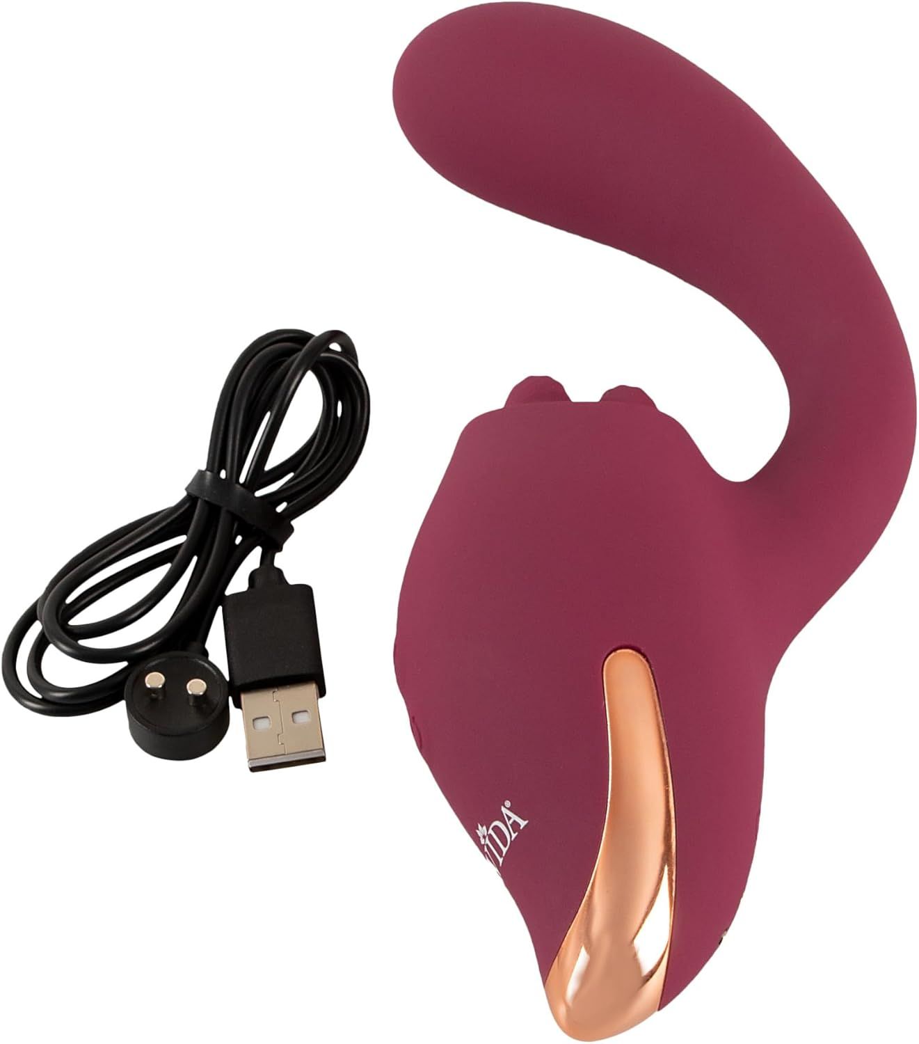 Paarse vibrator met gebogen schacht en twee stimulatoren. Het merk 'JAVIDA' is zichtbaar op de behuizing.