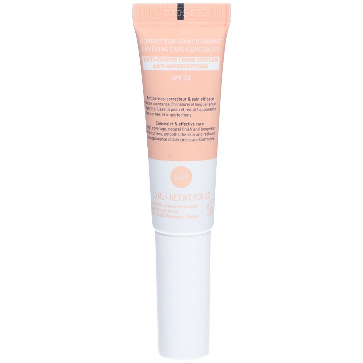 Achterkant van de Erborian SUPER BB Concealer tube. Tekst met productinfo en ingrediënten. Witte dop.