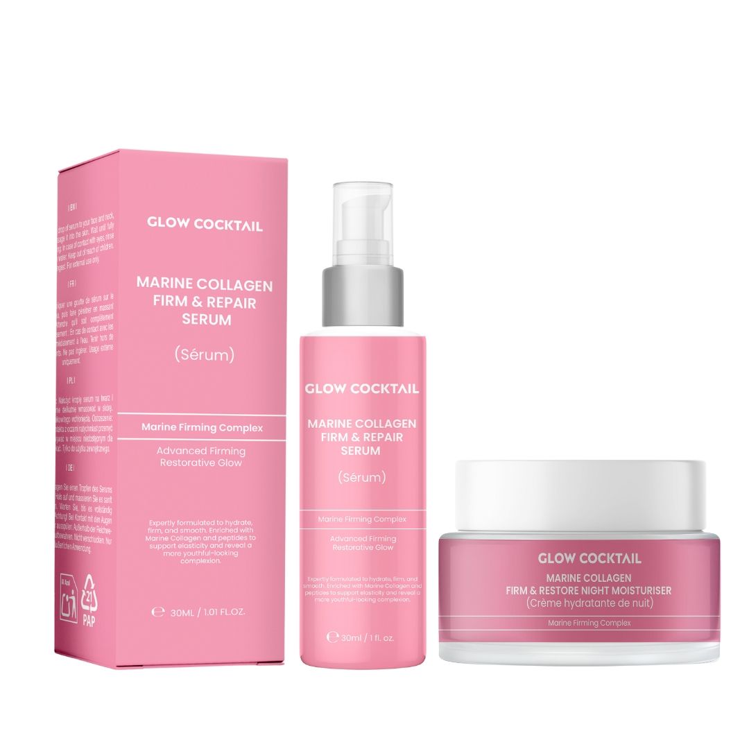 Emballage rose avec deux produits : flacon pompe et pot. Inscription : Glow Cocktail, Marine Collagen. Noms des produits.