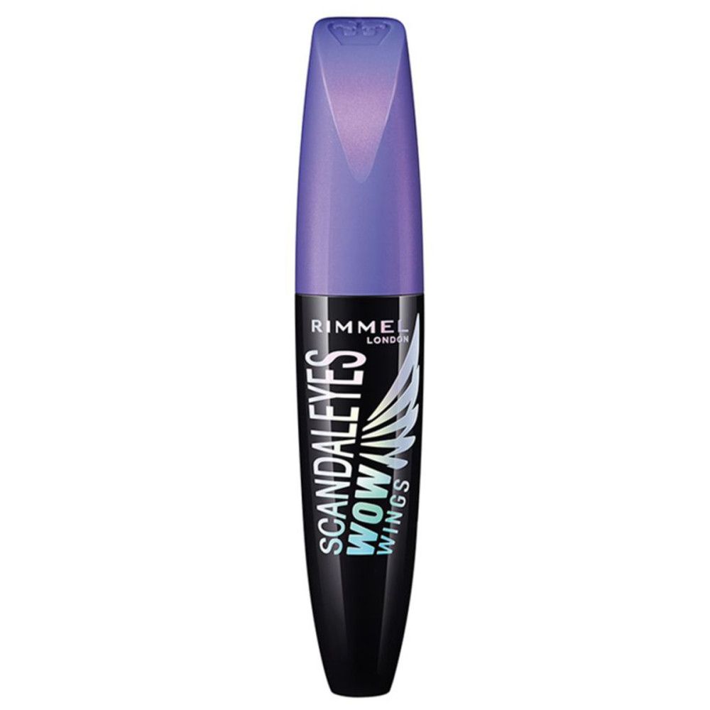 Mascara tube met paarse dop. Tekst: Rimmel London Scandaleyes Wow Wings.