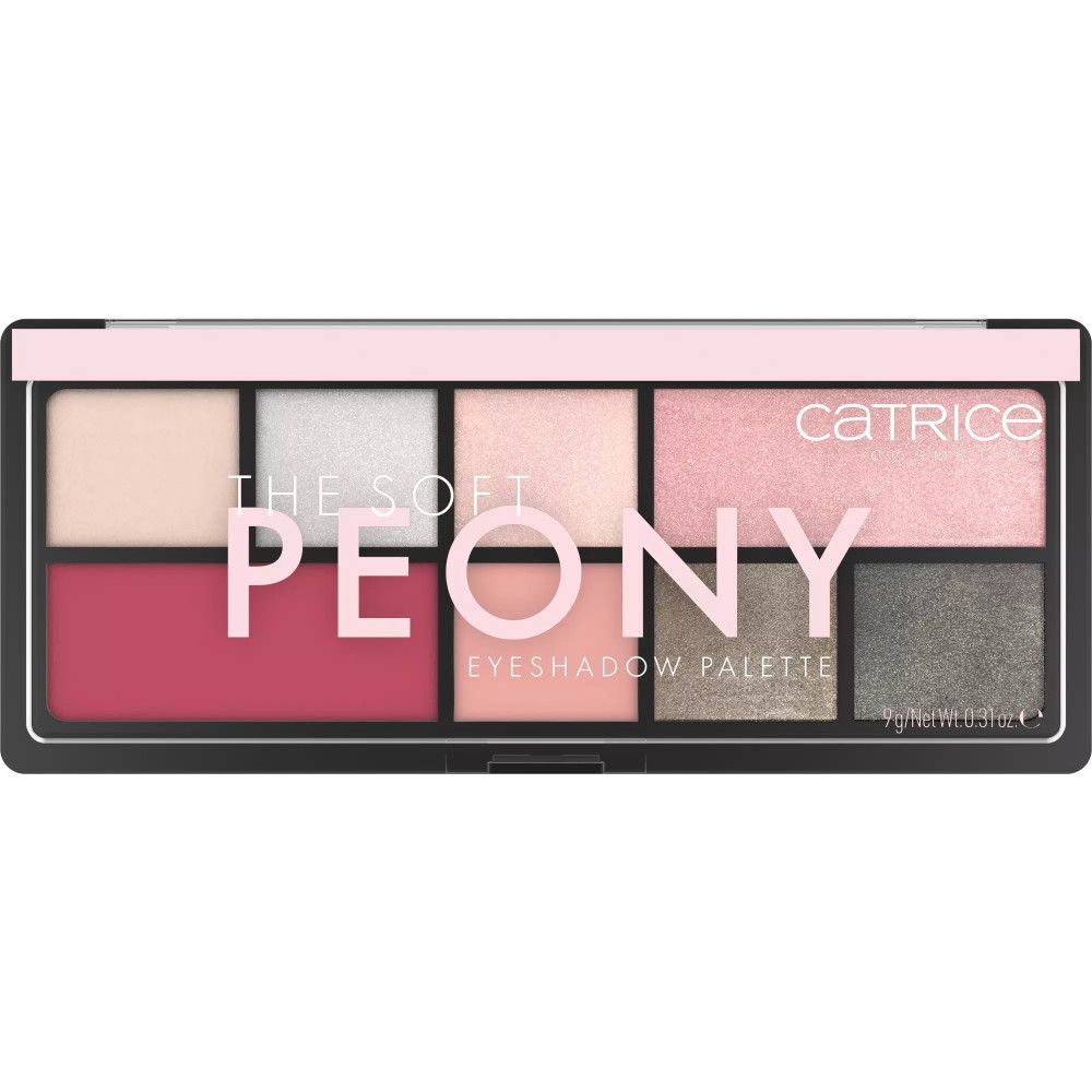 Palette de fards à paupières avec huit teintes. L'emballage porte l'inscription « THE SOFT PEONY EYESHADOW PALETTE » et « CATRICE ».