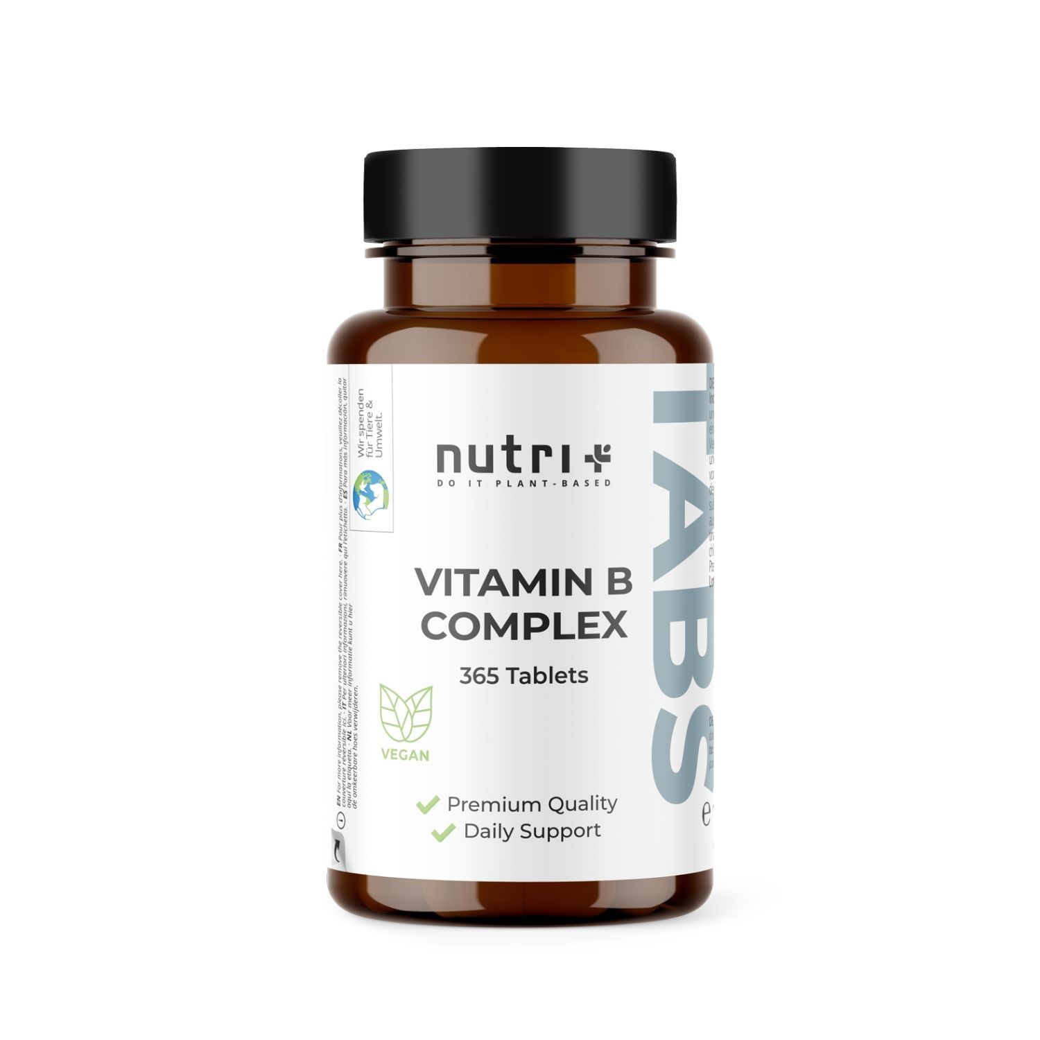 Bruine fles met zwarte dop. Opschrift: nutri+ Vitamin B Complex, 365 tabletten. Vegan-zegel. Premium Quality, Daily Support.