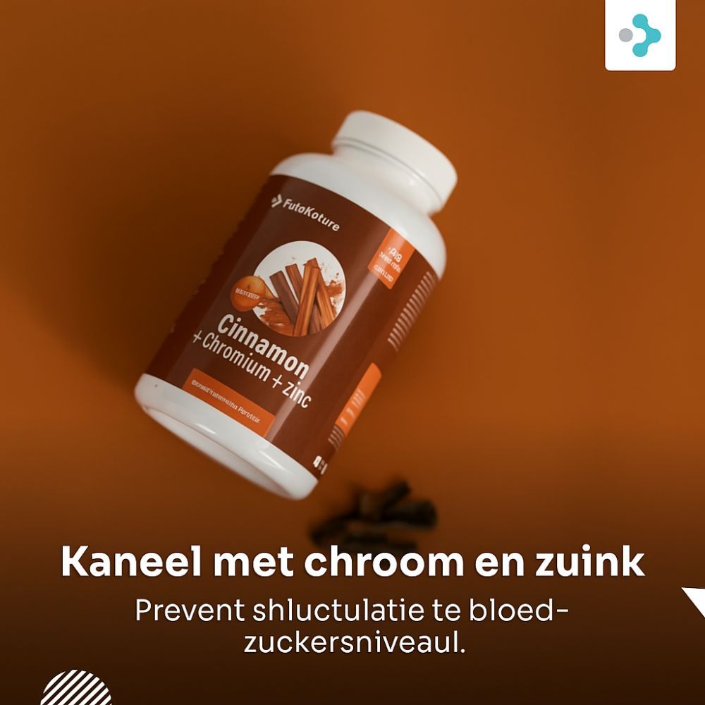 Fles met bruin etiket, "Kaneel met chroom en zink". Bruine achtergrond. Kaneelstokjes en capsules.