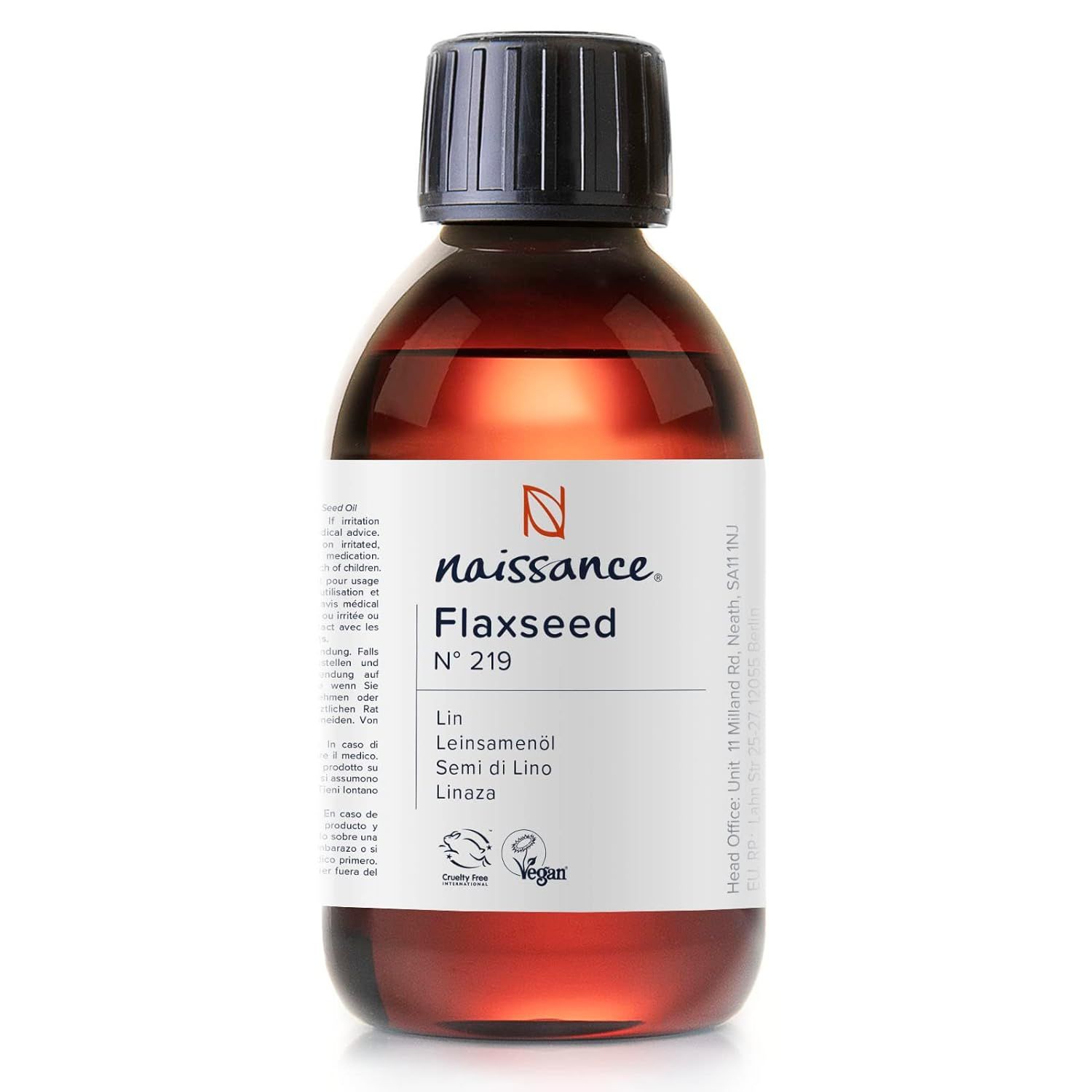 Bruine glazen fles met zwarte dop. Etiket met productnaam, ingrediënten en logo's. Vegan-zegel.