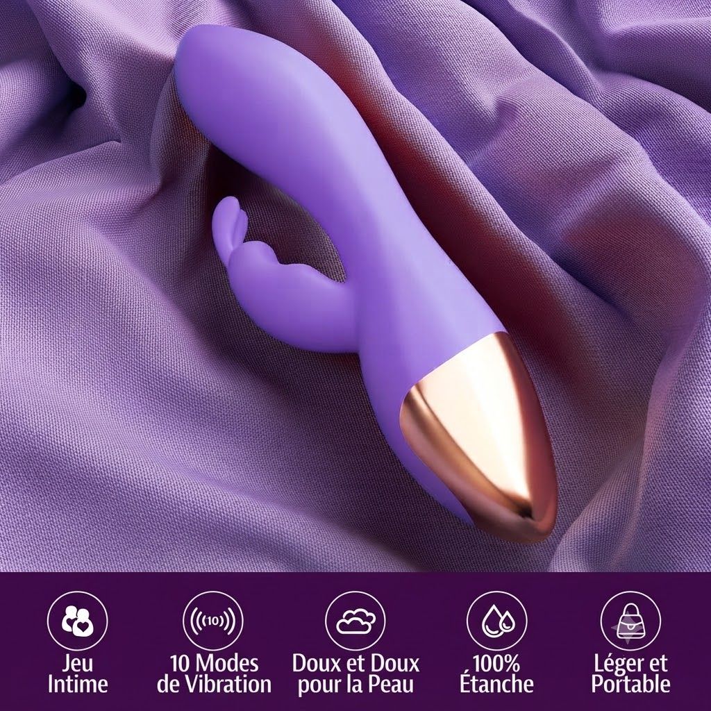 Vibrateur violet avec embout doré et deux stimulateurs.