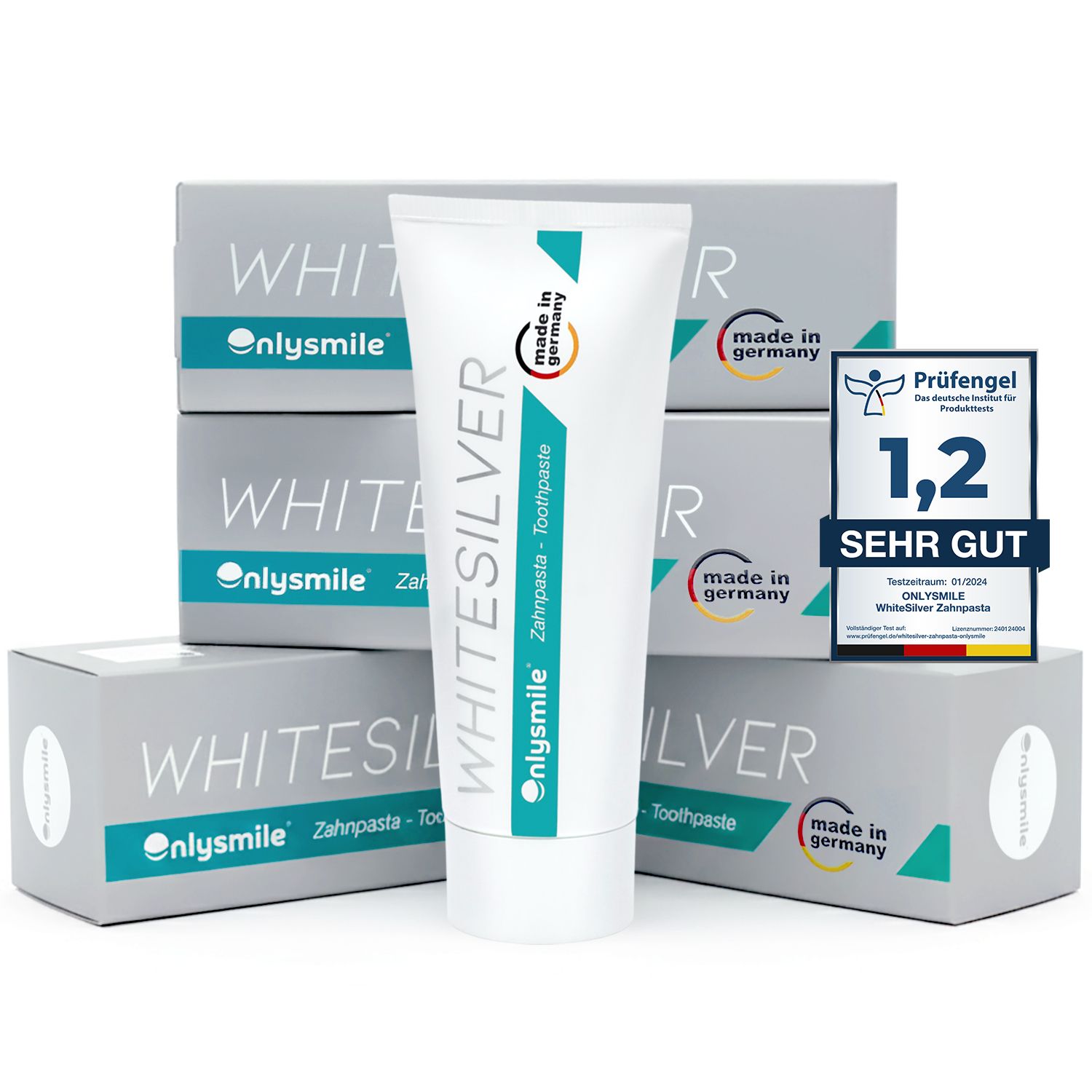 Paquets de dentifrice. Dentifrice Whitesilver. Fabriqué en Allemagne. Sceau Prüfiegel.