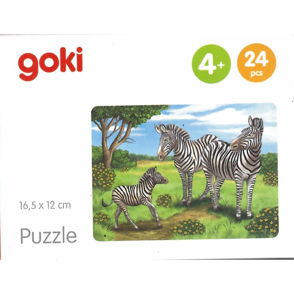 Puzzle Goki avec zèbres. 24 pièces, à partir de 4 ans. L'emballage montre des zèbres dans la savane. Dimensions : 16,5 x 12 cm.