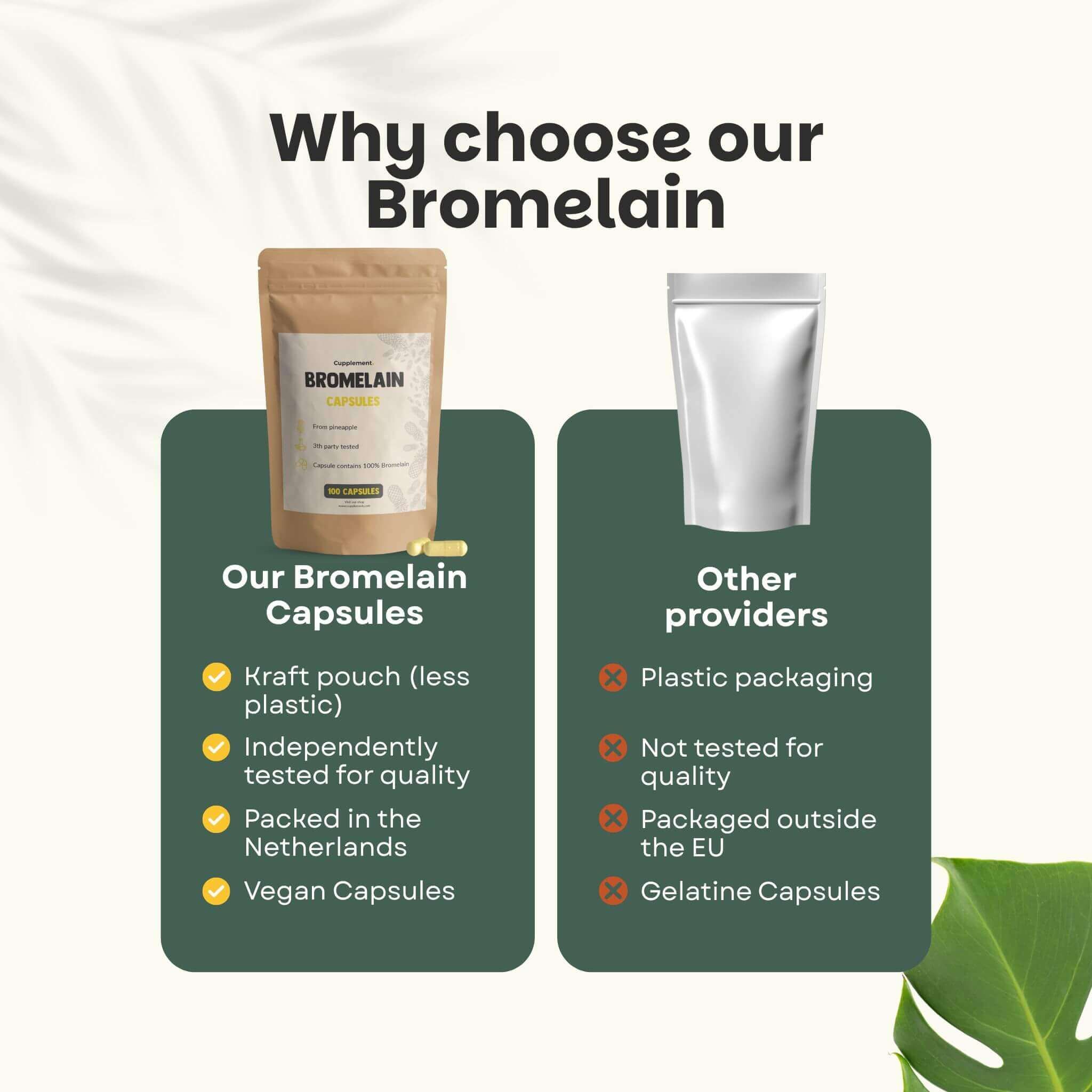 Comparaison : gélules de bromélaïne en sachet kraft vs. autres fournisseurs en emballage plastique. Texte : Végétalien.
