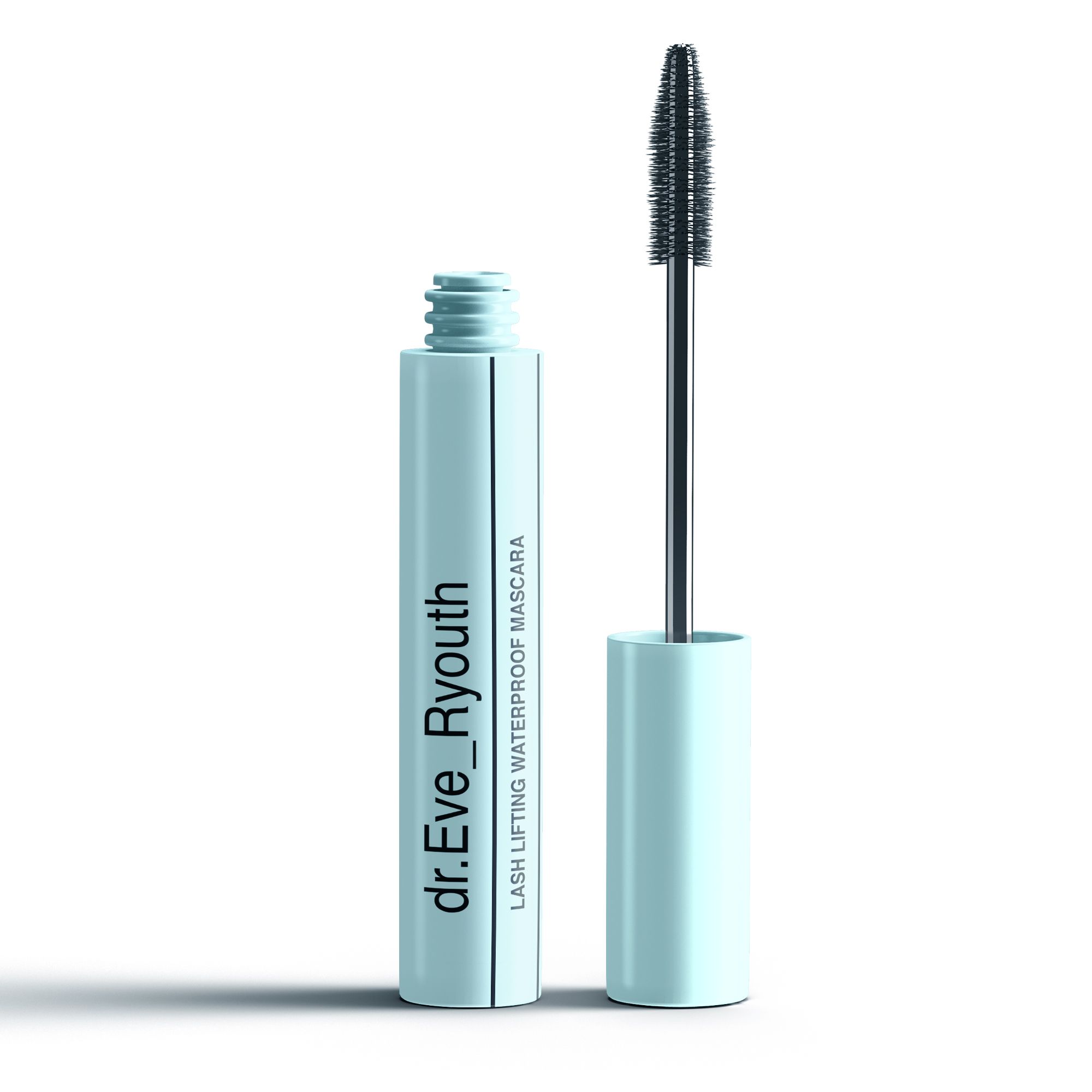 Lichtblauwe mascara-tube met borstel. Opschrift: LASH LIFTING WATERPROOF MASCARA. Merk: dr.Eve_Ryouth.