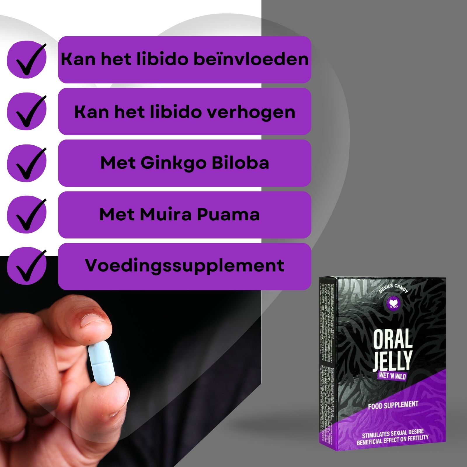 Productverpakking met tekst. Een blauwe pil wordt vastgehouden. Tekst: Oral Jelly, Food Supplement.