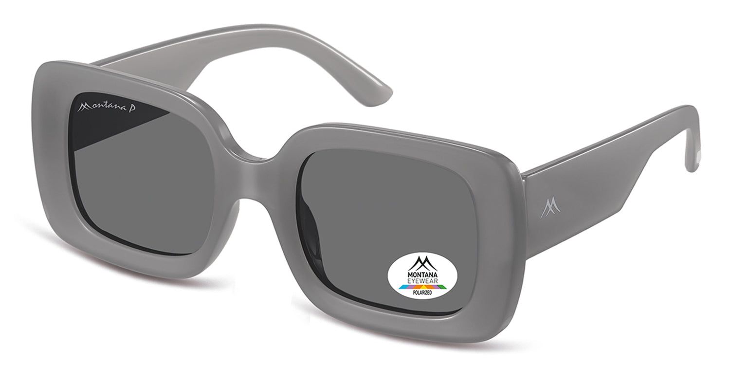 Lunettes de soleil grises, vue oblique. Verres rectangulaires, logo Montana Eyewear et autocollant de polarisation.