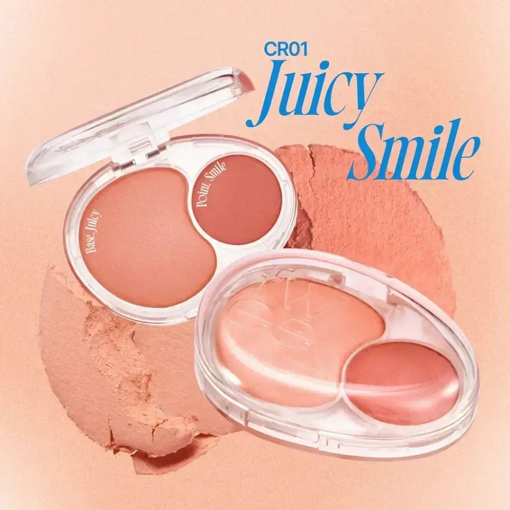 Twee FWEE Mellow Dual Blusher CR01 Juicy Smile. Ovale, transparante verpakking. Tekst: Juicy Smile, CR01.