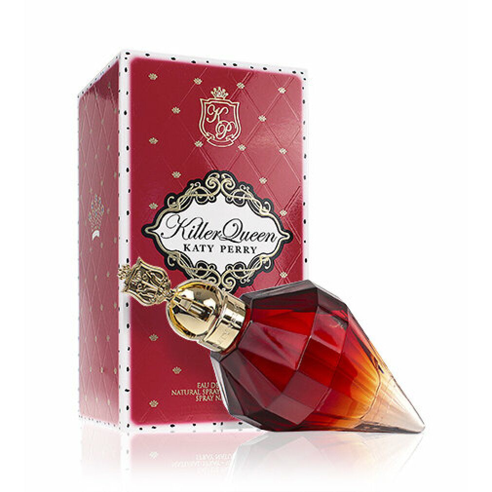 Flacon rouge avec bouchon doré et emballage rouge. L'emballage porte la mention "Killer Queen Katy Perry".