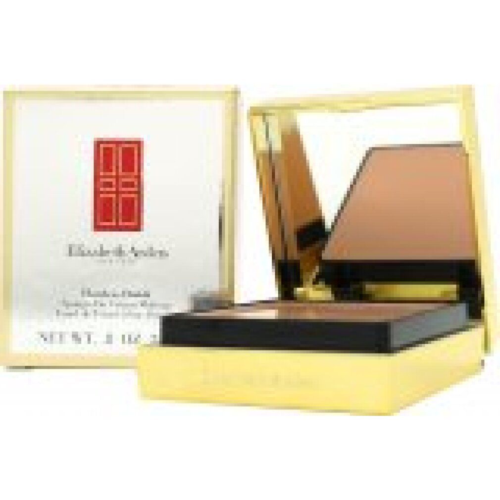 Boîtier compact doré avec miroir et éponge, dans une boîte. Marque et nom du produit visibles.