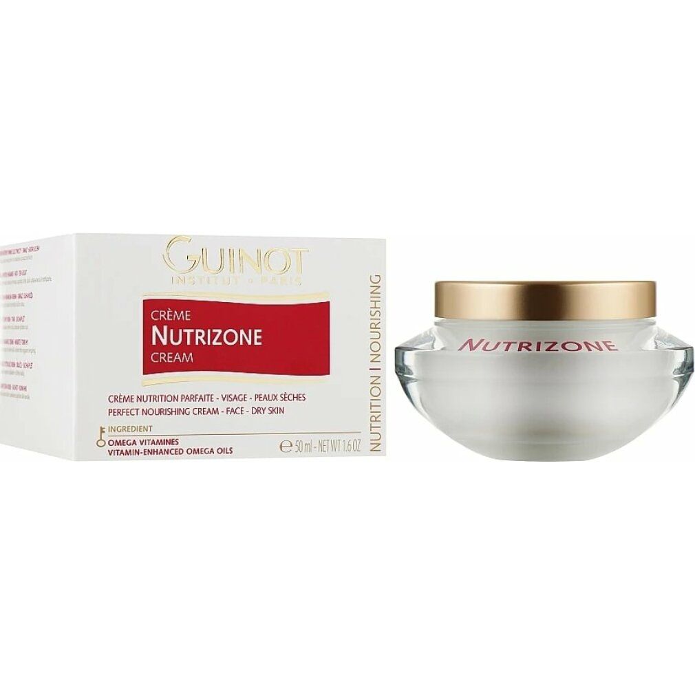 Crème en verpakking. Witte crème pot met deksel en doos. Guinot Nutrizone. Tekst: Crème Nutrizone, Droge huid.