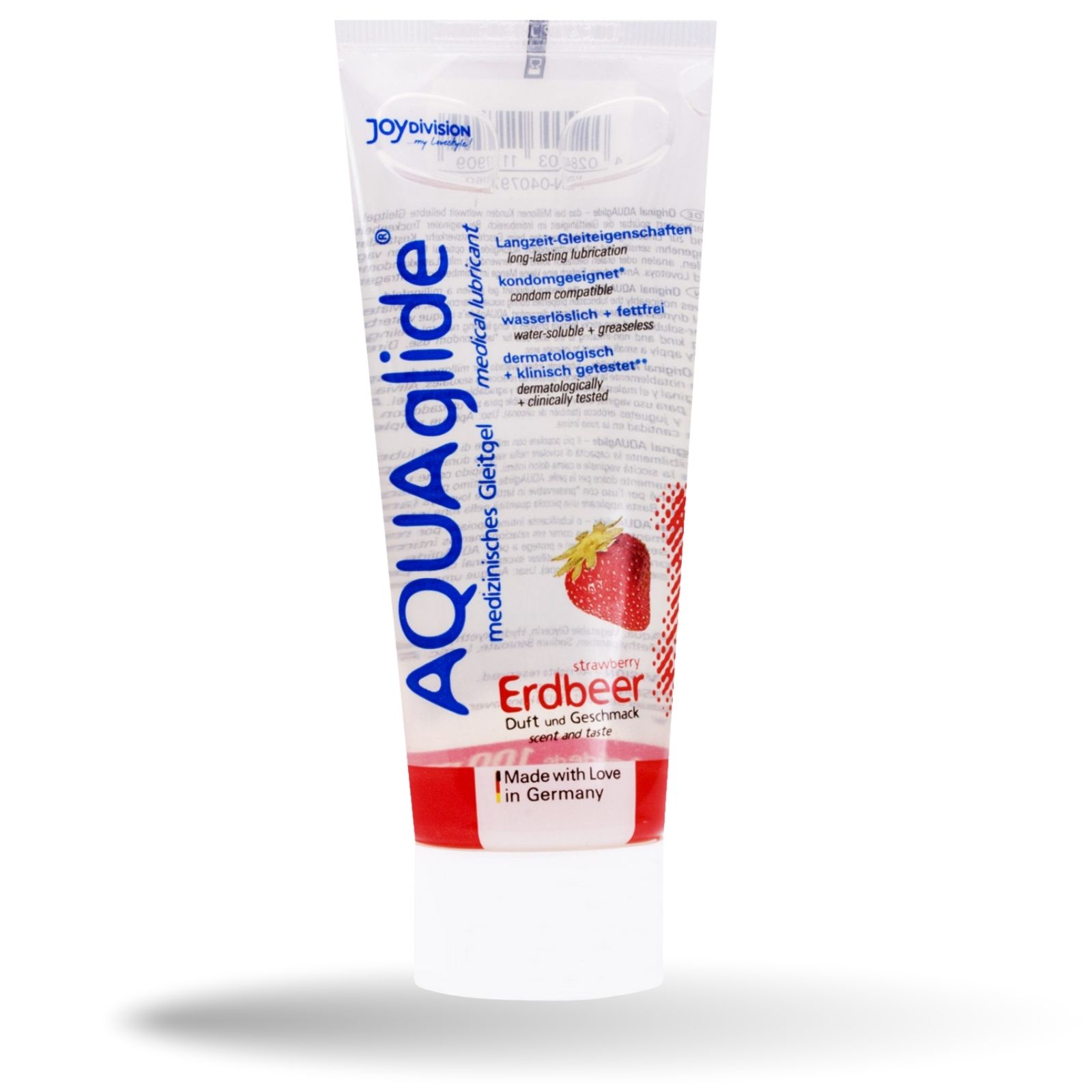 Tube glijmiddel AQUAglide, aardbeiensmaak. Medisch en dermatologisch getest. Made in Germany.