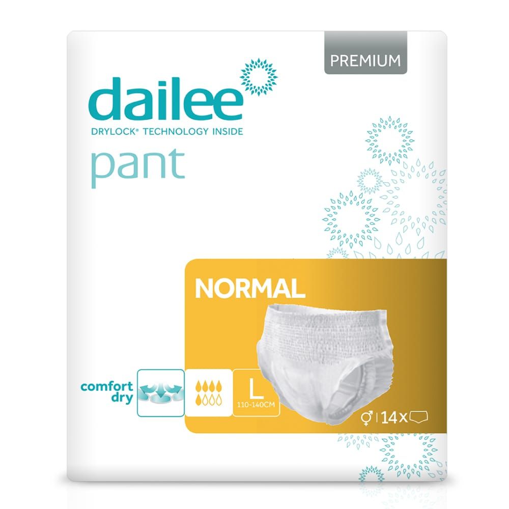 Paquet de Dailee Pants Normal, taille L. Contient 14 unités. Caractéristiques : confort et sec.