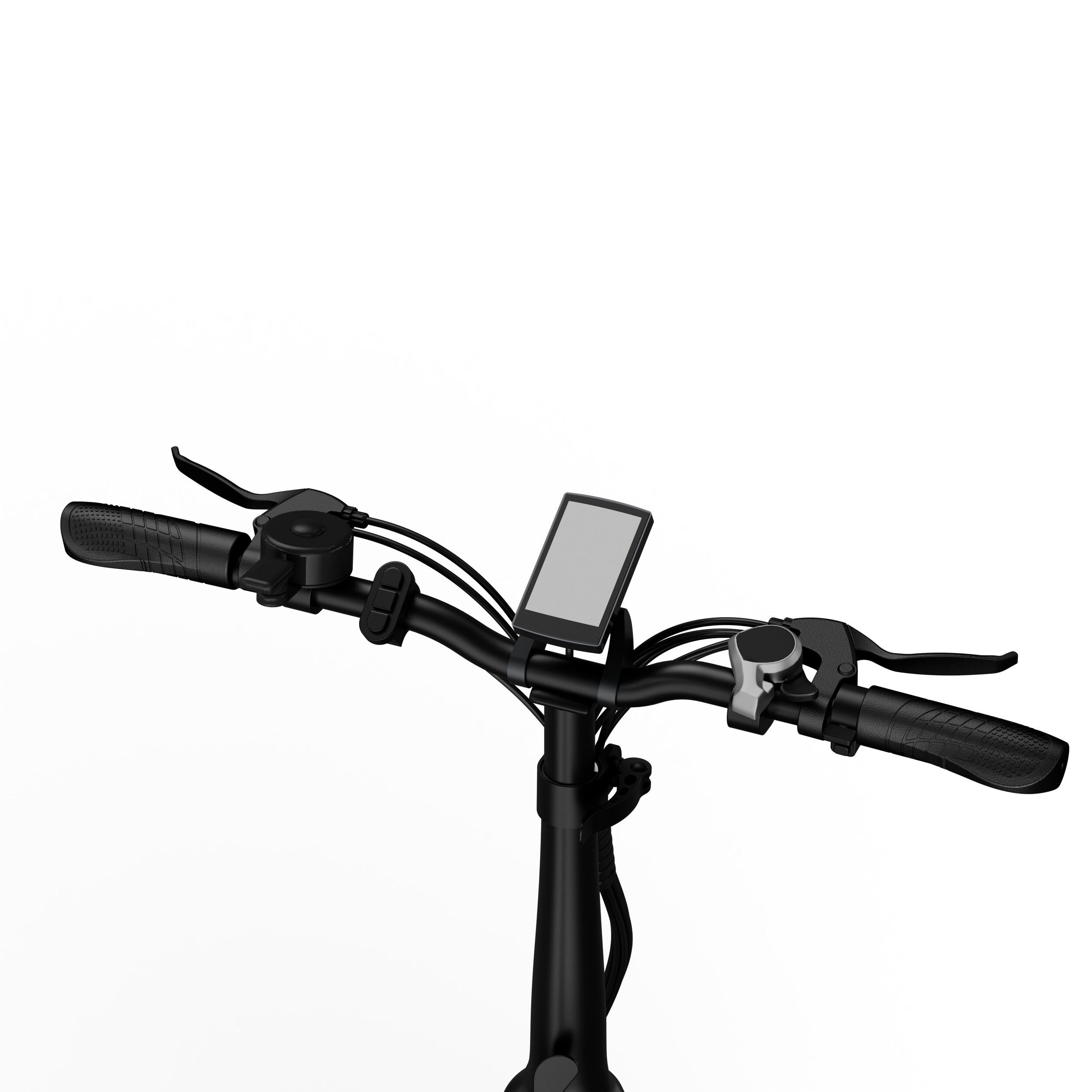 Guidon noir avec leviers de frein et écran. Monté sur le guidon.