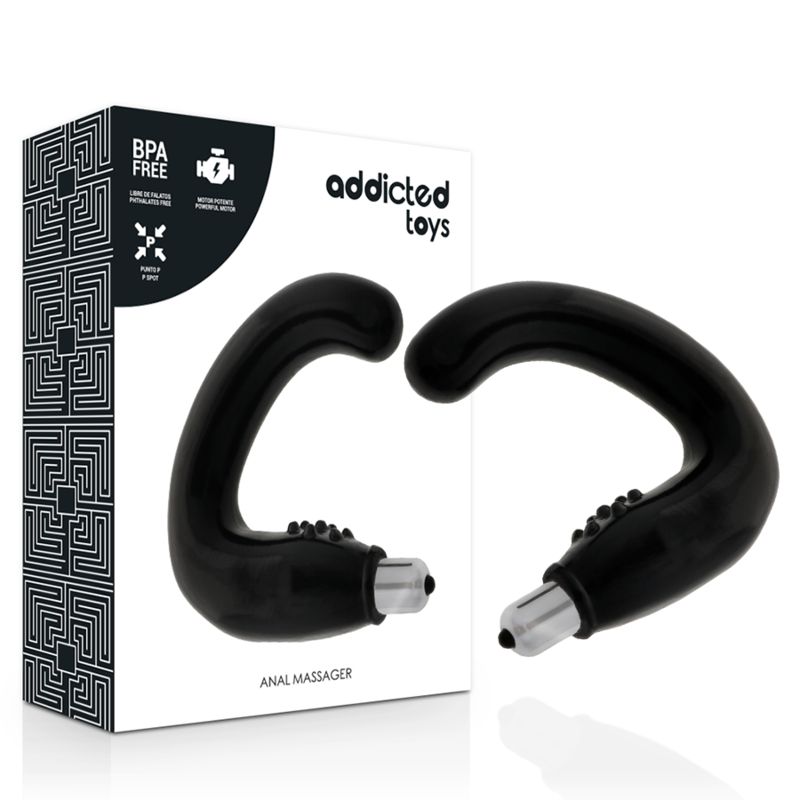 Vibrateur anal noir incurvé avec rainures. Emballage inclus avec informations produit.