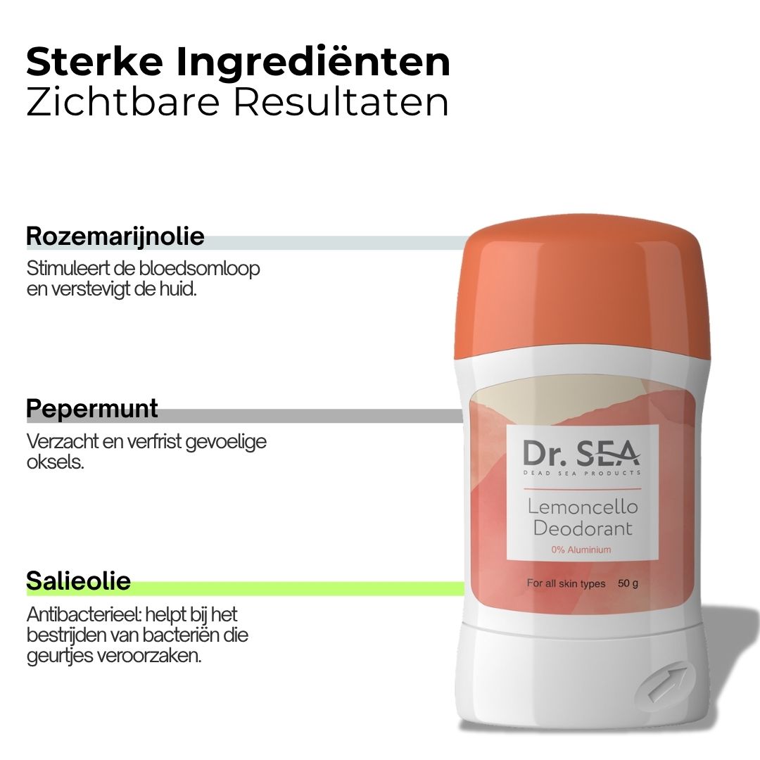 Deodorantstick met tekst. Tekst: Sterke ingrediënten, Zichtbare resultaten. Ingrediënten: Rozemarijnolie, Pepermunt, Salieolie.