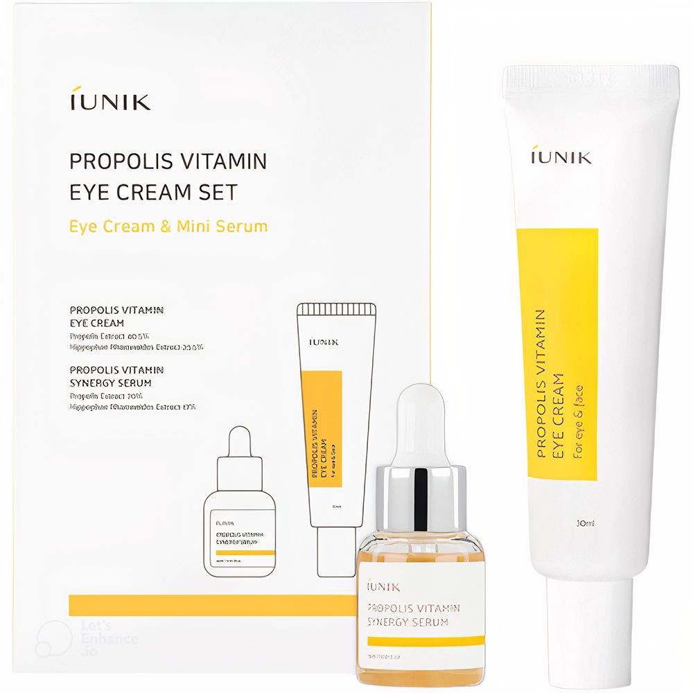 iUNIK Propolis Vitamin Eye Cream Set. Oogcrème en mini-serum. Witte tube, serumfles, productverpakking met tekst.