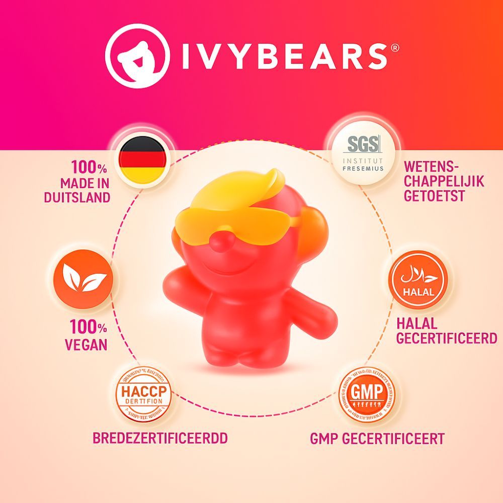 Rood gummybeer-personage met gele oren. Cirkelvormige symbolen met certificeringen en logo's.