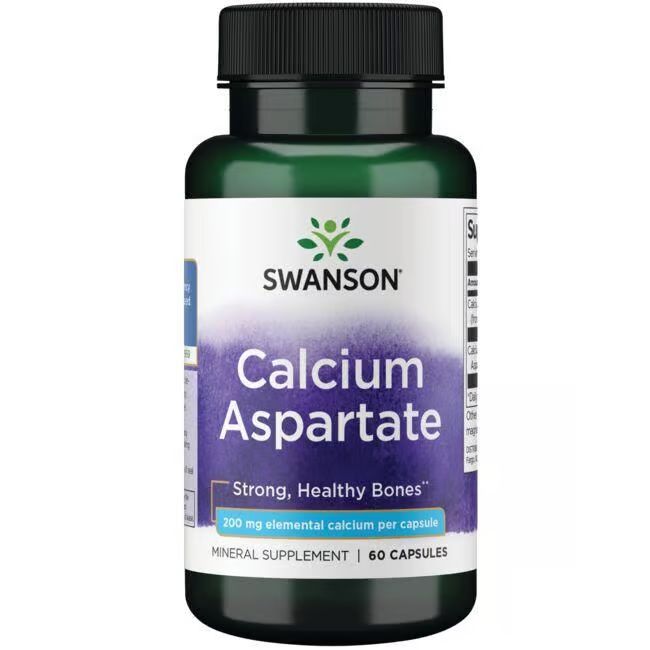 Groene fles met zwarte dop. Etiket met "SWANSON", "Calcium Aspartate" en 200 mg calcium per capsule.