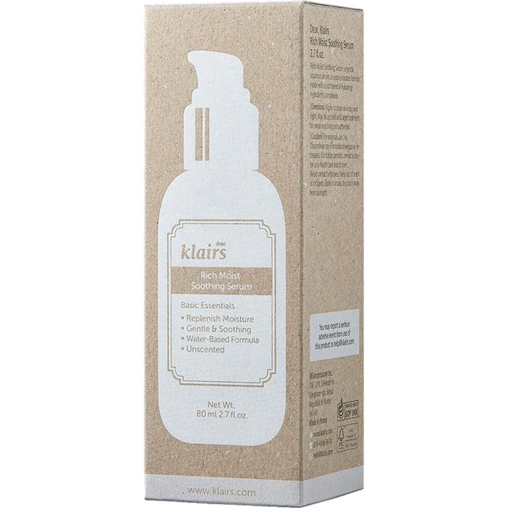 Verpakking van Klairs Rich Moist Soothing Serum. Kartonnen doos met contourtekening van de fles.
