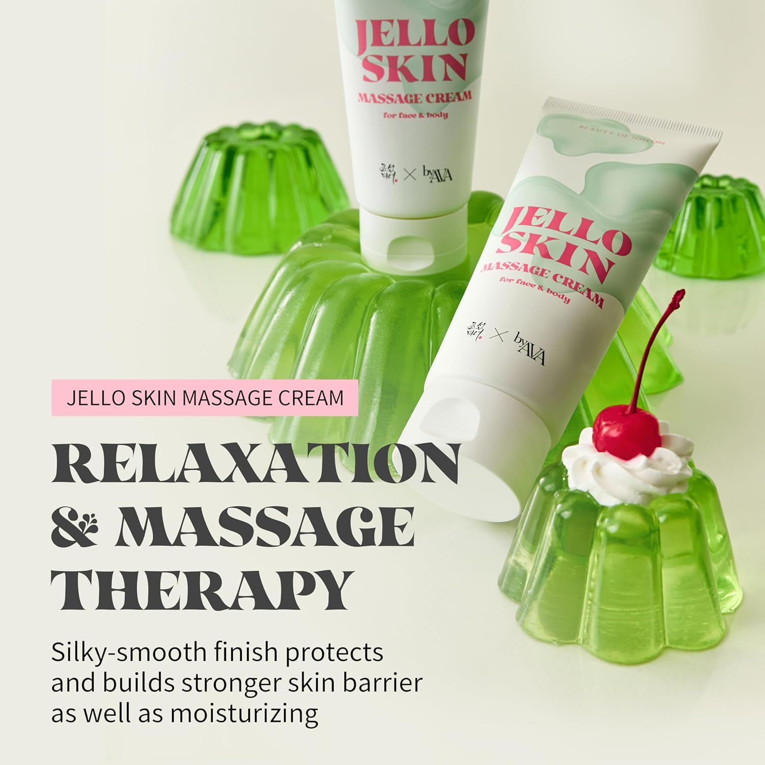 Plusieurs desserts à la gelée verte. Deux tubes de « Jello Skin Massage Cream ». Texte : Relaxation & Massage Therapy.