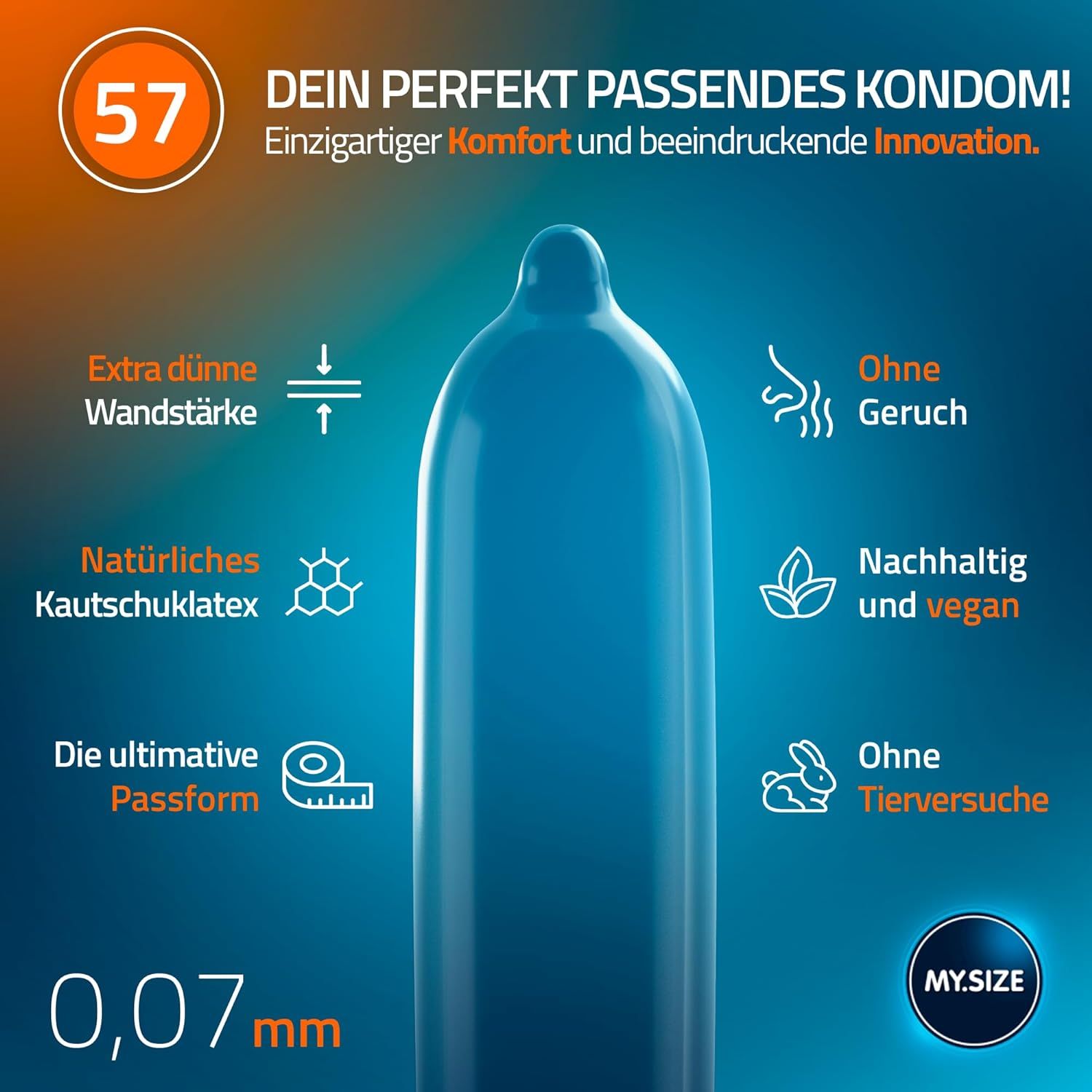 Préservatif bleu avec caractéristiques : extra fin, sans odeur, latex naturel, végétalien, ajustement ultime, 0,07 mm.