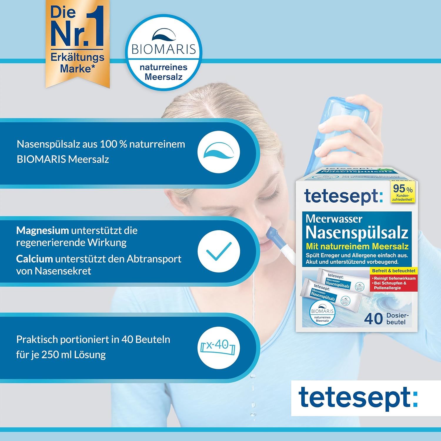 Emballage de tetesept Meerwasser Nasenspülsalz. Contient 40 sachets. Texte: Sel de rinçage nasal à 100% de sel marin naturel BIOMARIS.