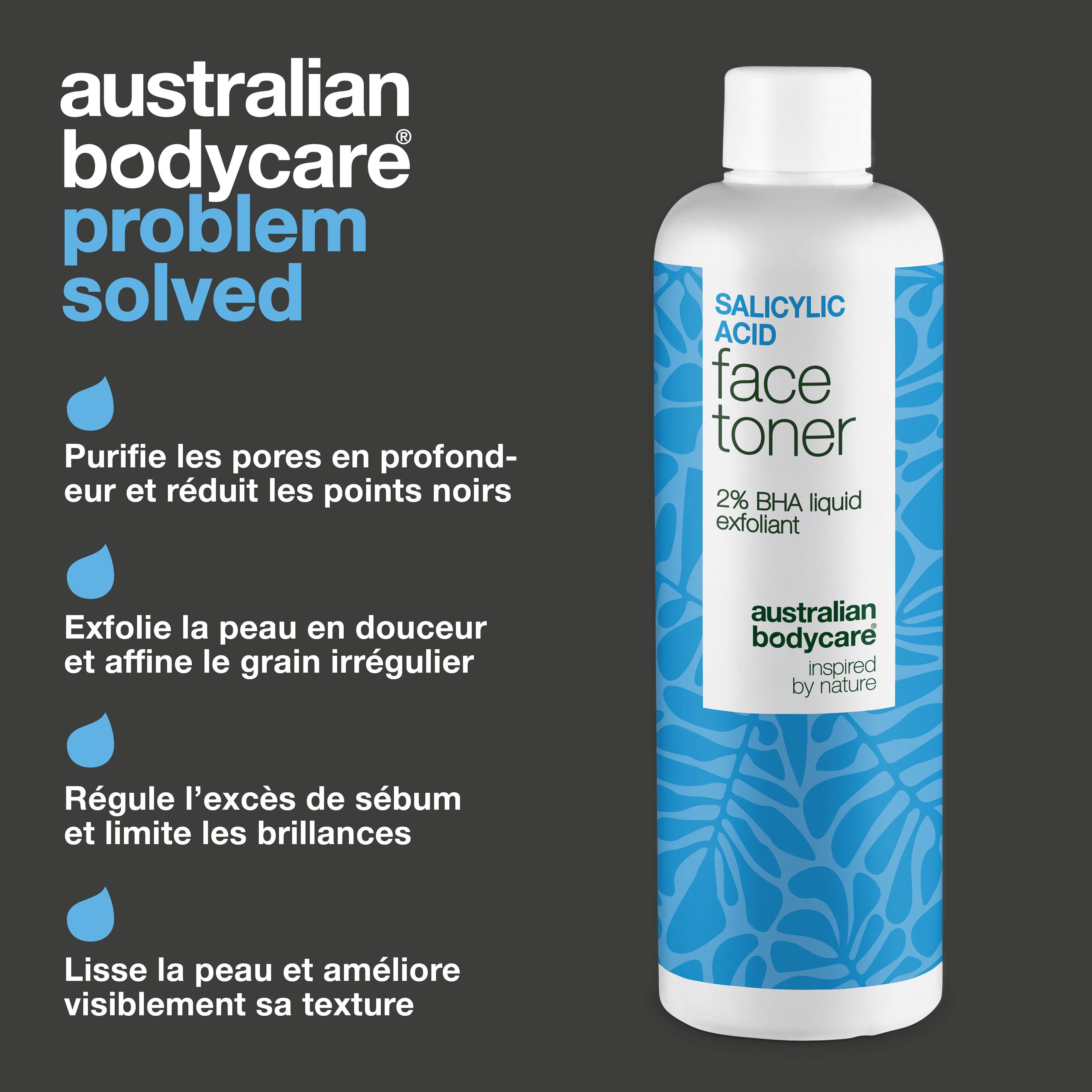 Flacon avec inscription : Salicylic Acid Face Toner. Texte : Purifie les pores, réduit les points noirs, etc. Fond : gris foncé.