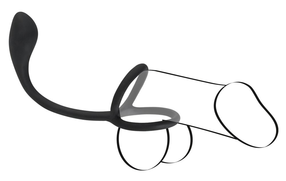 Anneau de pénis/testicules noir avec plug anal en silicone, représenté schématiquement.