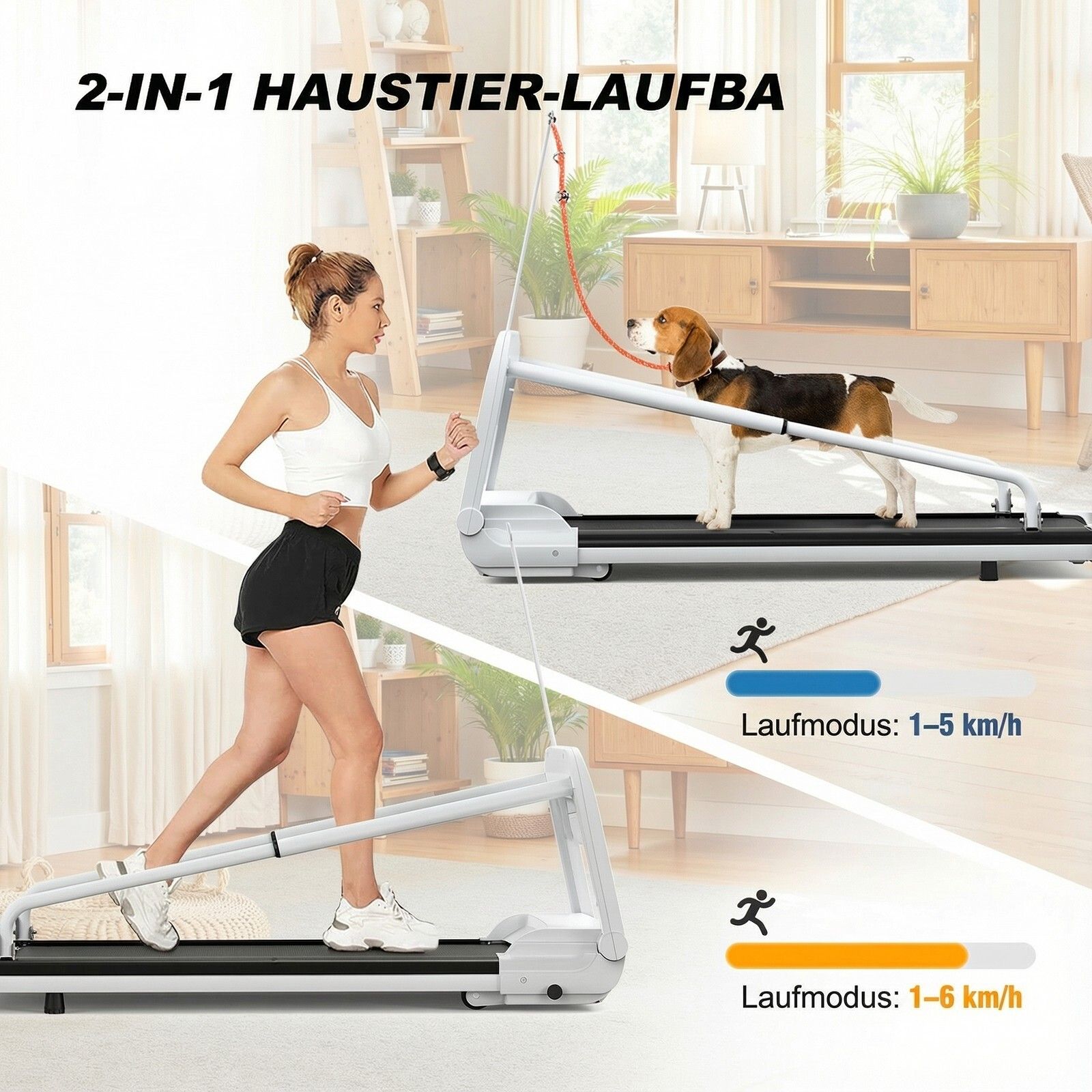 Hondentrainer met vrouw en hond. Hardloopmodus 1-5 km/u en 1-6 km/u. Wit frame, zwart loopvlak.