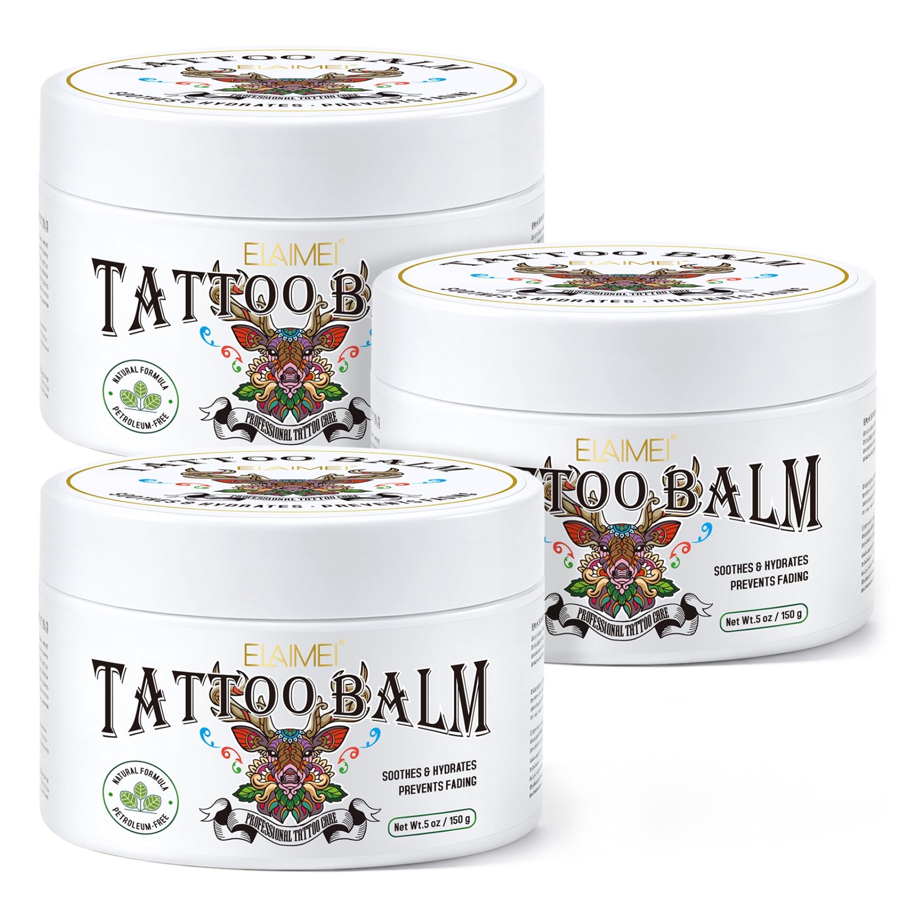 Drie potjes ELAIMEI Tattoo Balm met etiket 'Tattoo Balm'.