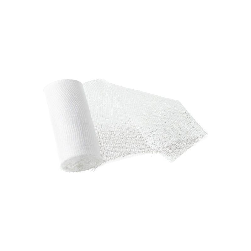Bande de gaze roulée. Matériau blanc tissé. Une extrémité déroulée.