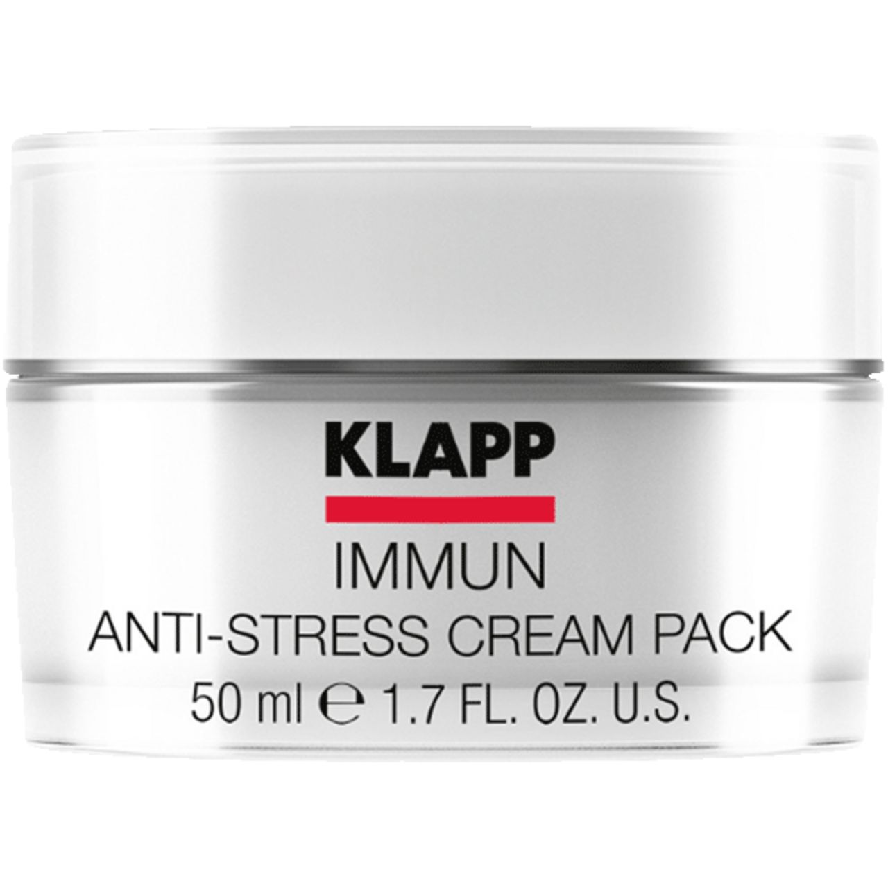 Witte pot met tekst KLAPP, IMMUN, Anti-Stress Cream Pack. 50 ml. Glazen pot met zilveren deksel.