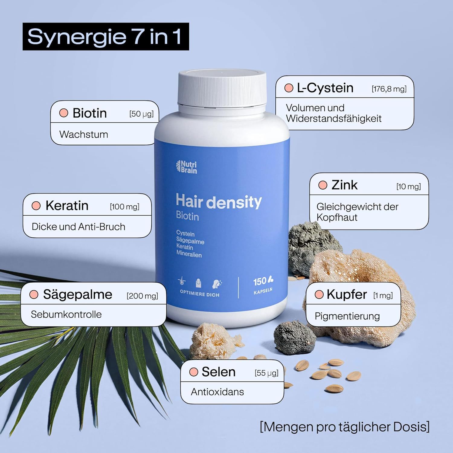 Gélules NutriBrain Hair Density Biotine : 150 gélules. Contient biotine, kératine, palmier nain, sélénium, L-cystéine, zinc, cuivre.